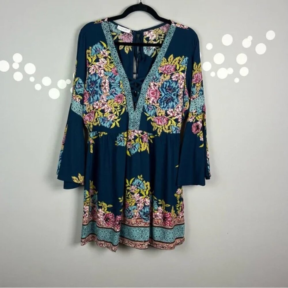 Juniper Blu Boho Dress Bell Sleeve Floral Lace Up V-Neck Size L